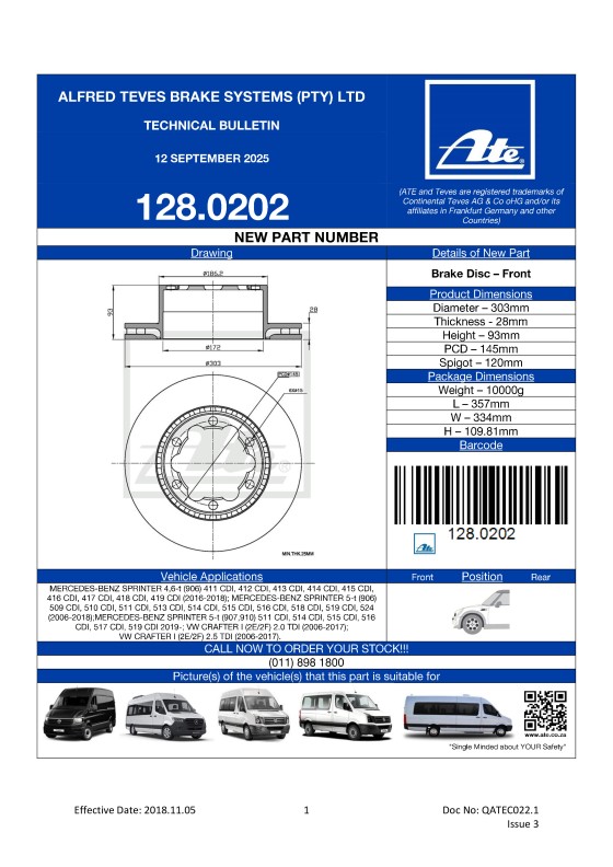 128.0202 NEW! BRAKE DISC FOR MERCEDES-BENZ SPRINTER, VW CRAFTER I  featured image